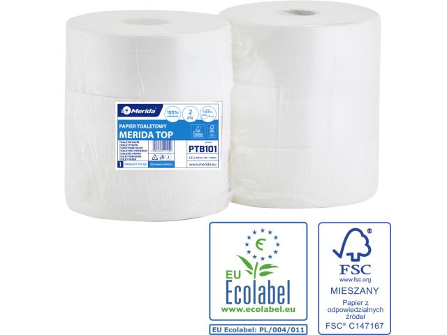 Papier toaletowy MERIDA TOP, biały, średnica 23 cm, długość 245 m, dwuwarstwowy, zgrzewka 6 szt., ECOLABEL